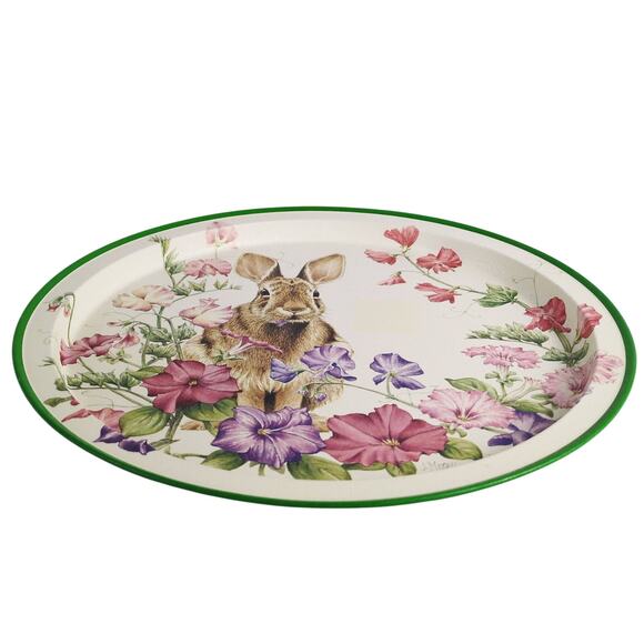 Vintage Judy Mizell Potpourri Petunia's Garden Rabbit Tin Serving 13" Round Tray - Picture 2 of 6
